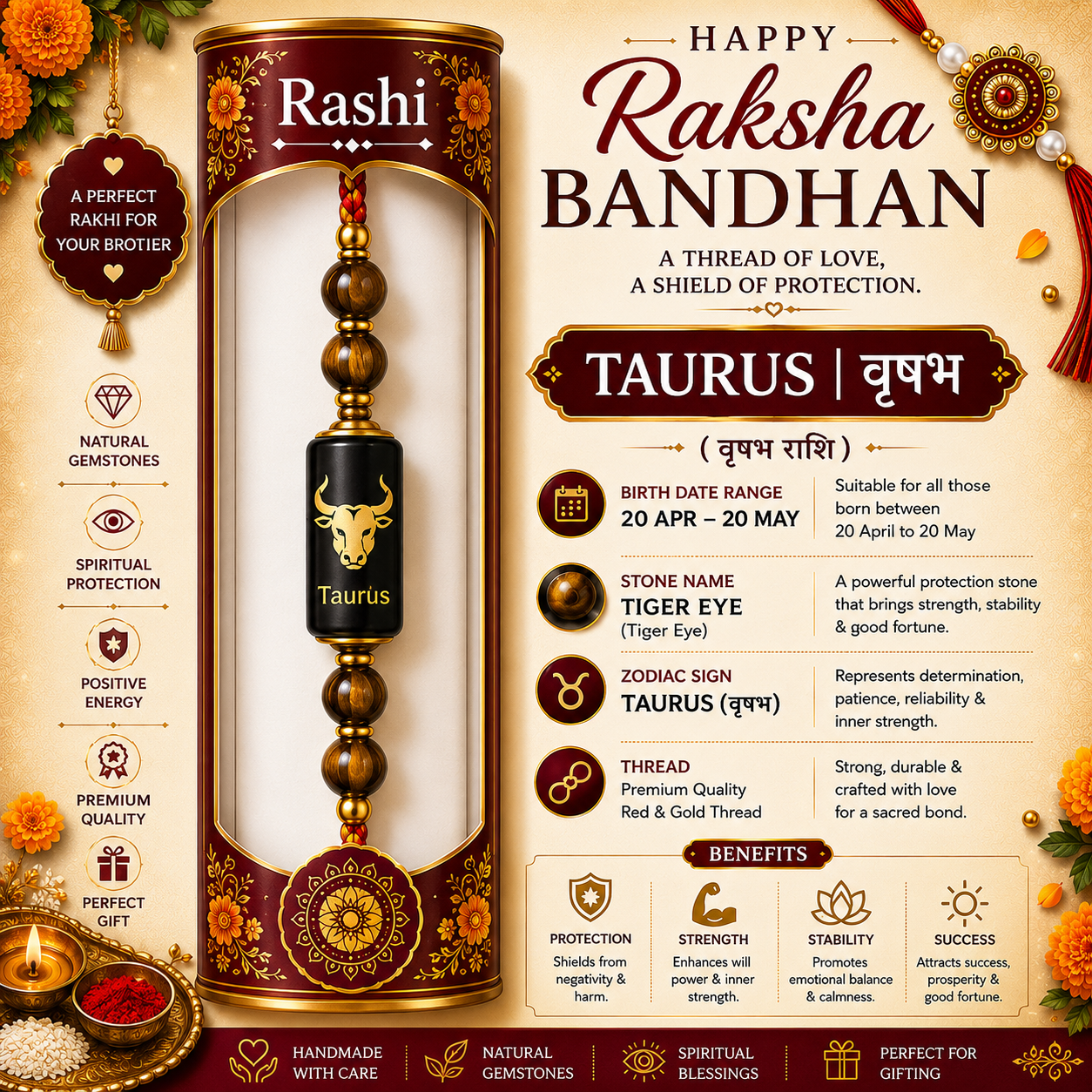 Taurus Rashi Rakhi | Tiger Eye Gemstone Rakhi