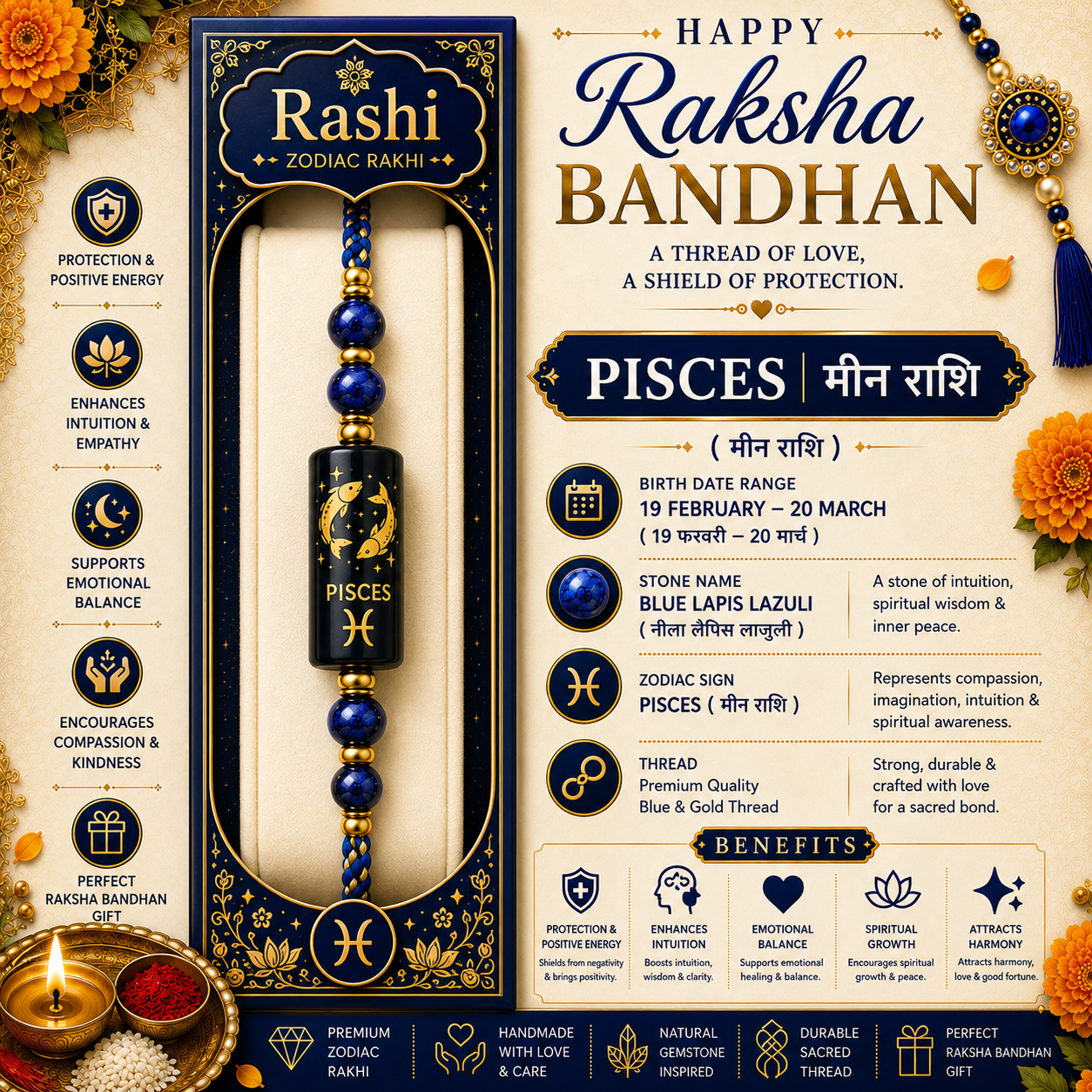 Pisces Zodiac Rakhi | Blue Lapis Lazuli