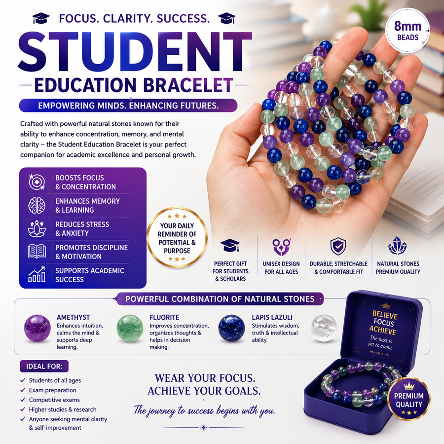 Student Education Bracelet – Amethyst, Fluorite, Lapis Lazuli & Clear Quartz for Focus, Clarity & Academic Success