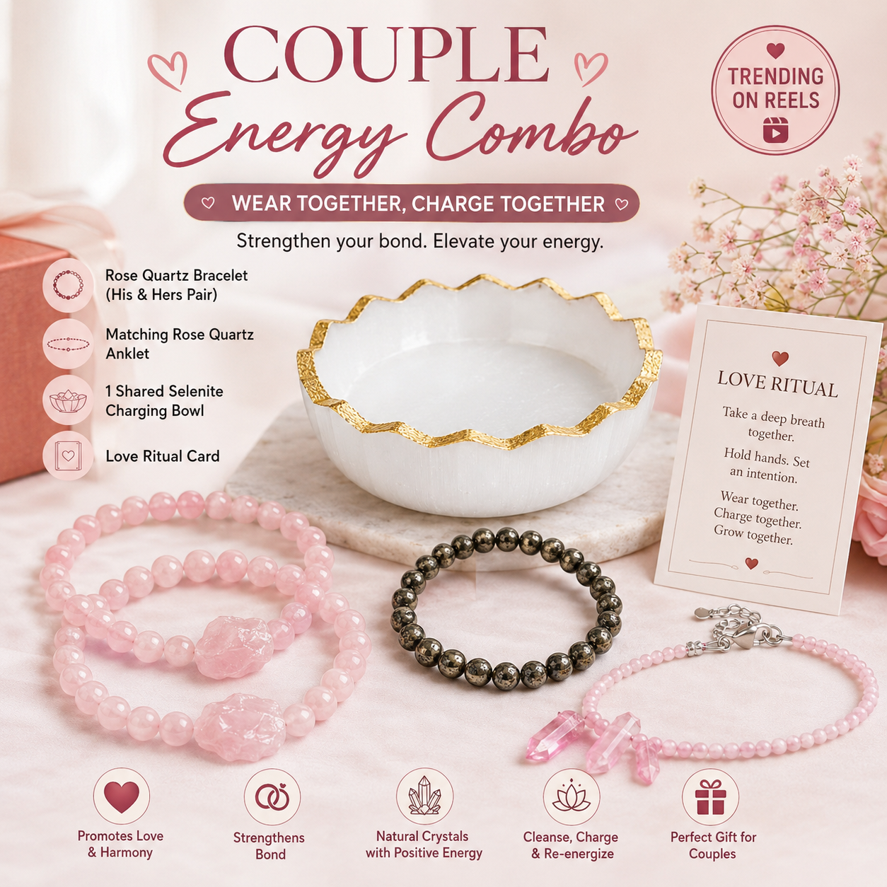 Couple Energy Combo — Rose Quartz (Her) + Pyrite (Him) + Selenite Charging Bowl