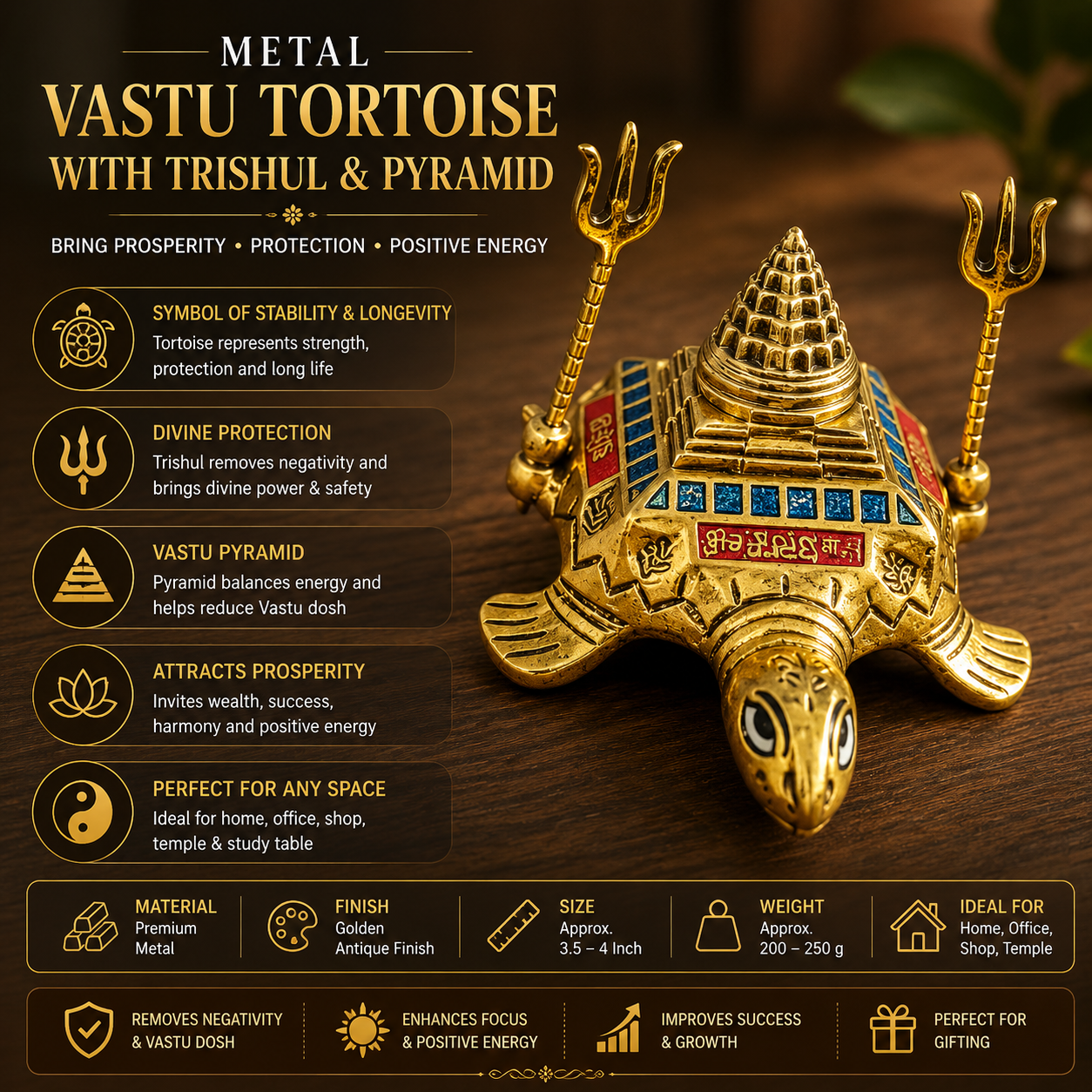 Metal Vastu Tortoise with Trishul Pyramid
