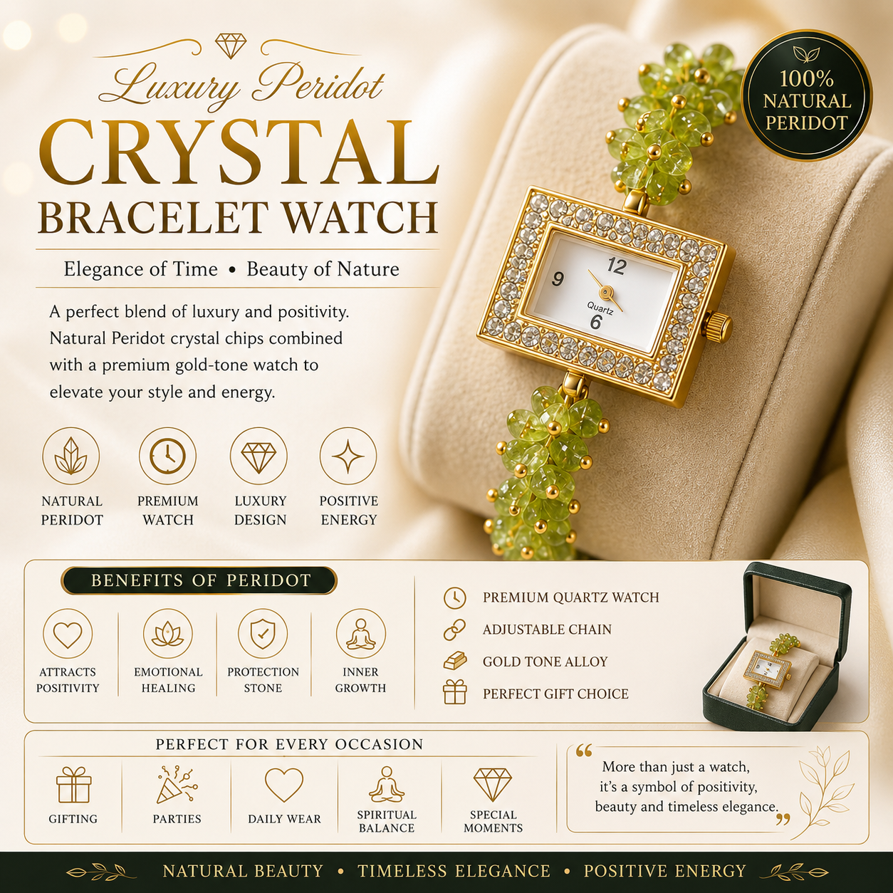 Luxury Peridot Crystal Bracelet Watch