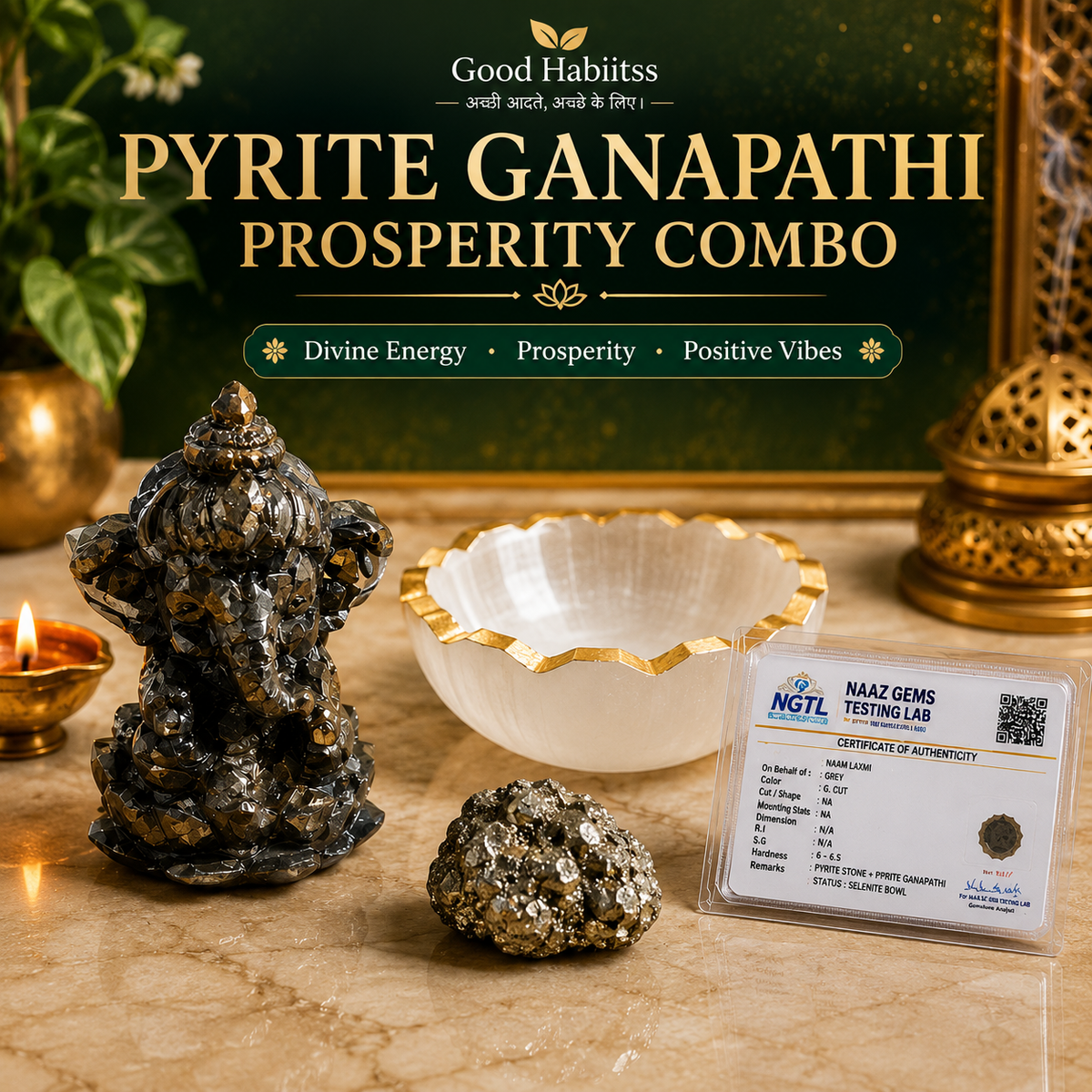 Pyrite Ganapathi Combo – Pyrite Ganesha Statue + Raw Pyrite Stone + Selenite Charging Bowl | Wealth & Abundance Set with Certificate