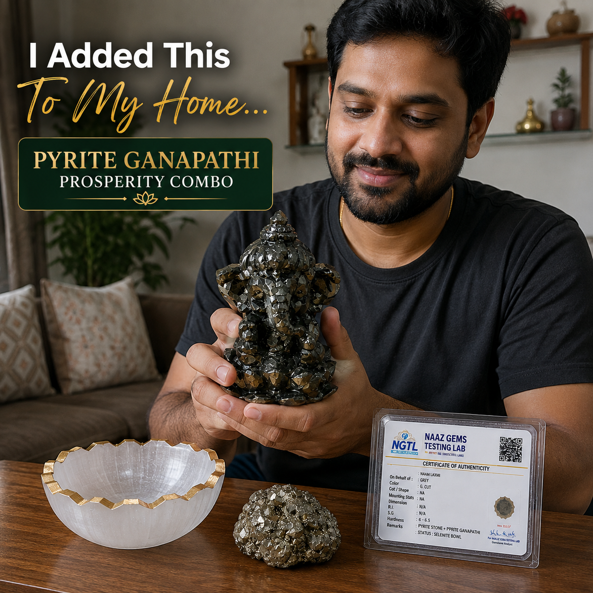 Pyrite Ganapathi Combo – Pyrite Ganesha Statue + Raw Pyrite Stone + Selenite Charging Bowl | Wealth & Abundance Set with Certificate