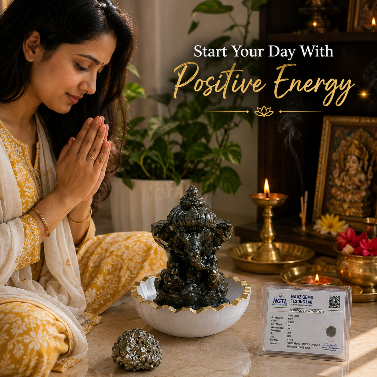 Pyrite Ganapathi Combo – Pyrite Ganesha Statue + Raw Pyrite Stone + Selenite Charging Bowl | Wealth & Abundance Set with Certificate