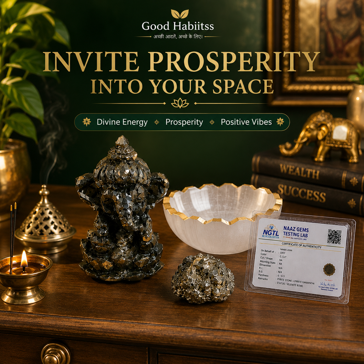 Pyrite Ganapathi Combo – Pyrite Ganesha Statue + Raw Pyrite Stone + Selenite Charging Bowl | Wealth & Abundance Set with Certificate