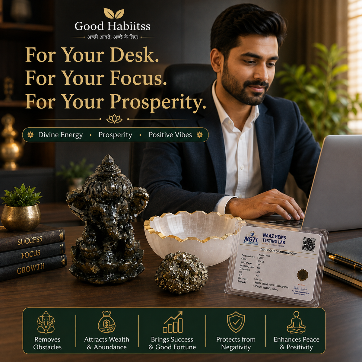 Pyrite Ganapathi Combo – Pyrite Ganesha Statue + Raw Pyrite Stone + Selenite Charging Bowl | Wealth & Abundance Set with Certificate