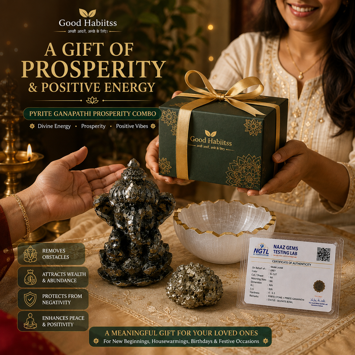 Pyrite Ganapathi Combo – Pyrite Ganesha Statue + Raw Pyrite Stone + Selenite Charging Bowl | Wealth & Abundance Set with Certificate