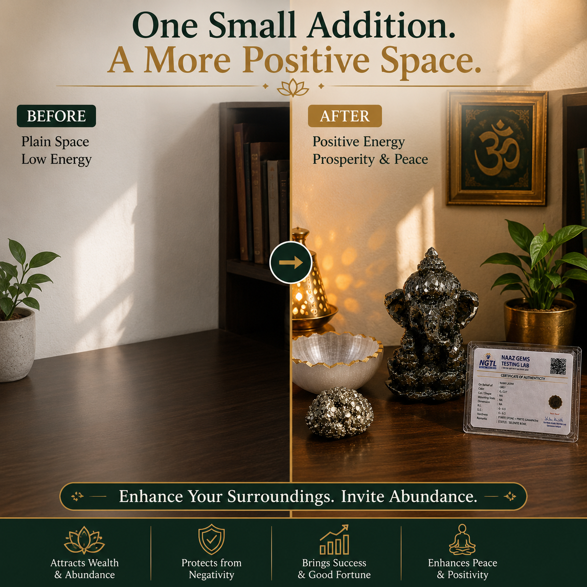 Pyrite Ganapathi Combo – Pyrite Ganesha Statue + Raw Pyrite Stone + Selenite Charging Bowl | Wealth & Abundance Set with Certificate