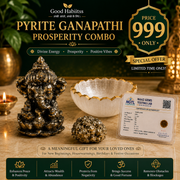 Pyrite Ganapathi Combo – Pyrite Ganesha Statue + Raw Pyrite Stone + Selenite Charging Bowl | Wealth & Abundance Set with Certificate