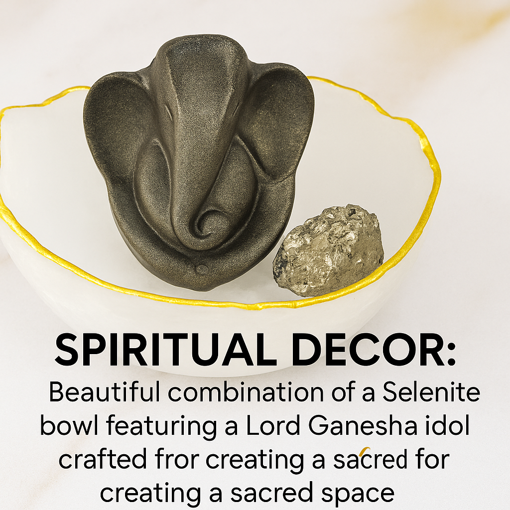 Selenite Bowl with Ganesha Pyrite Idol with FREE RAW PYRITE STONE (100 GM)