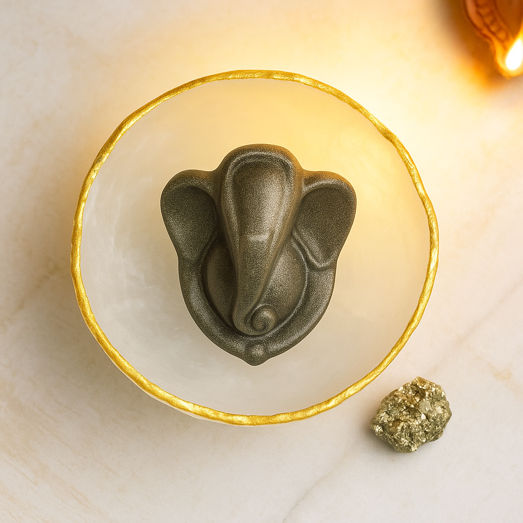 Selenite Bowl with Ganesha Pyrite Idol with FREE RAW PYRITE STONE (100 GM)