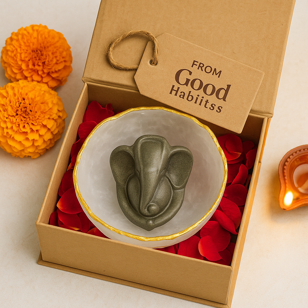 Selenite Bowl with Ganesha Pyrite Idol with FREE RAW PYRITE STONE (100 GM)