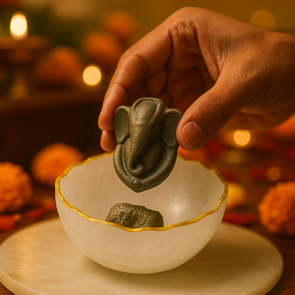 Selenite Bowl with Ganesha Pyrite Idol with FREE RAW PYRITE STONE (100 GM)