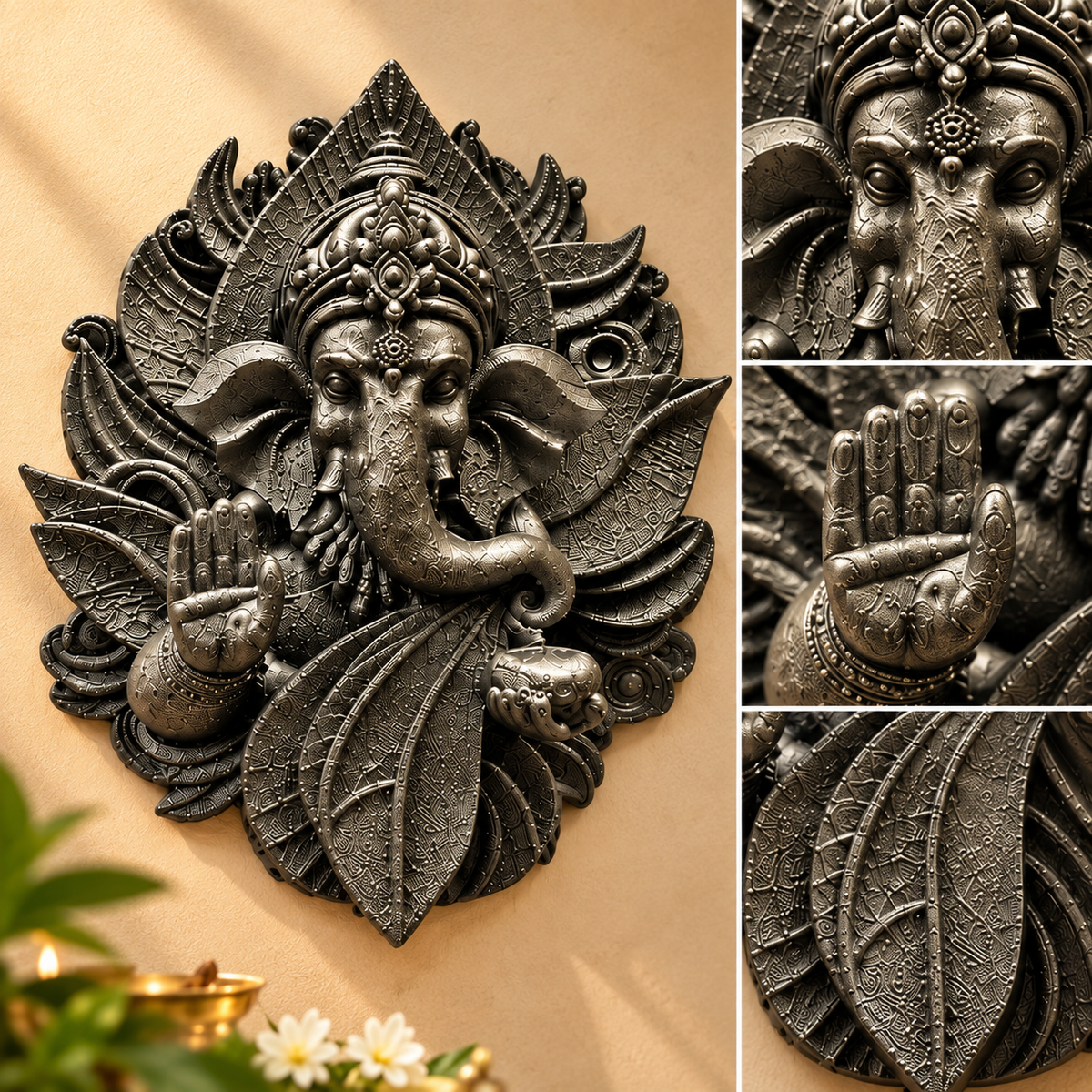 3D Pyrite Ganesh Ji Premium Wall Hanging – 6 Inch Antique Metallic Décor