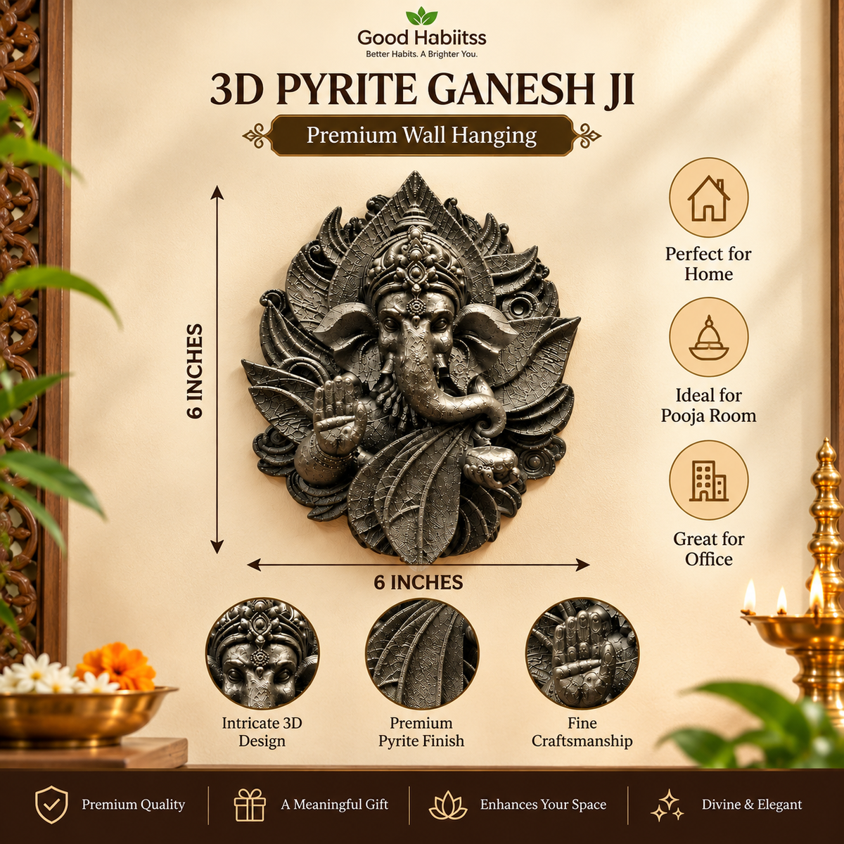 3D Pyrite Ganesh Ji Premium Wall Hanging – 6 Inch Antique Metallic Décor