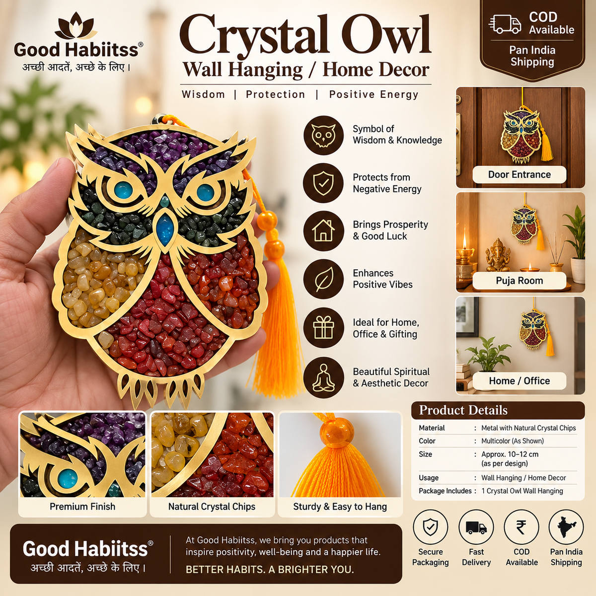 Crystal Owl Wall Hanger – Mixed Healing Crystal Chips in Wooden Laser-Cut Owl | Wisdom • Protection • Positive Energy