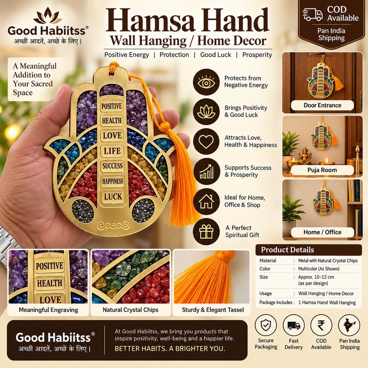 Hamsa Hand Crystal Wall Hanging – 7 Blessings | Wealth • Health • Love • Life • Success • Happiness • Luck | Mixed Healing Crystals