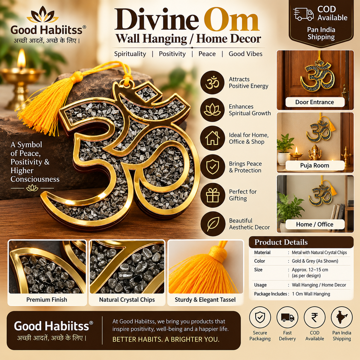 Pyrite Om (ओम्) Wall & Car Hanging – Natural Pyrite Crystal Chips in Gold Om Frame | Peace • Prosperity • Divine Energy