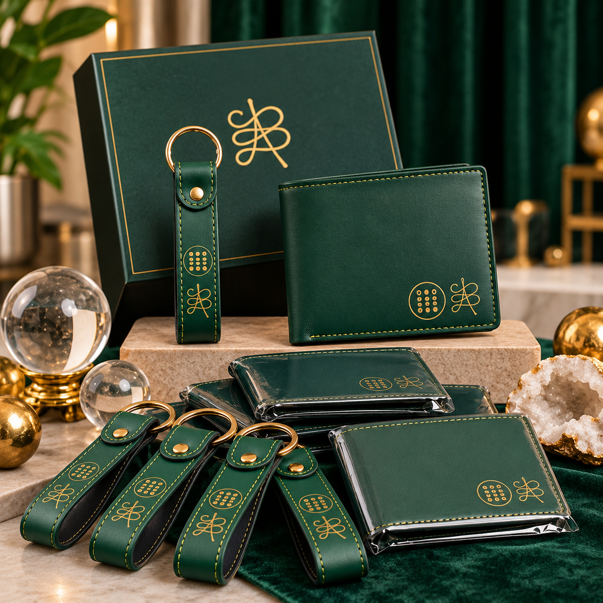 Feng Shui Wealth Green Leather Combo wallet card holder keychains Kubera Yantra gift set