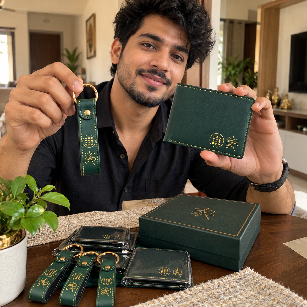 Feng Shui Wealth Green Leather Combo – Kubera Yantra Wallet + Card Holder + Keychains | Premium Wealth Gift Set