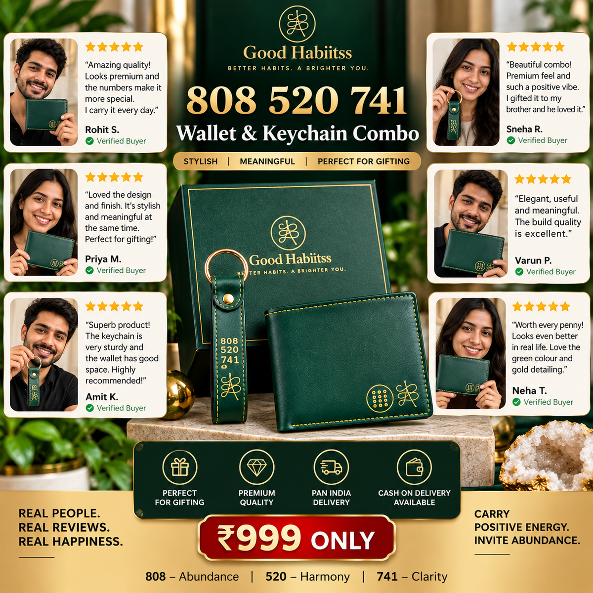 Feng Shui Wealth Green Leather Combo – Kubera Yantra Wallet + Card Holder + Keychains | Premium Wealth Gift Set