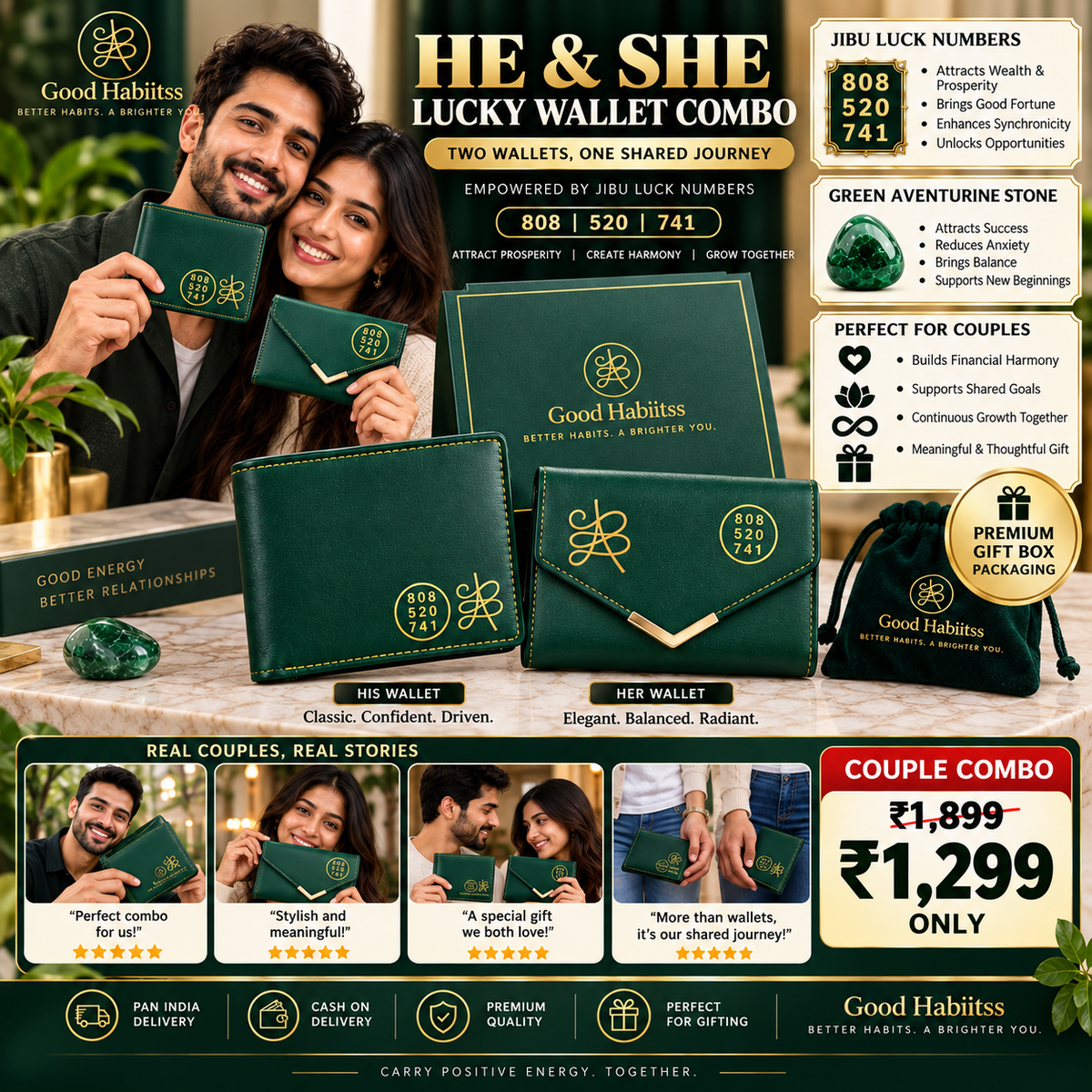 He and She Lucky Wallet Combo infographic with Jibu Luck Numbers Green Aventurine couple reviews