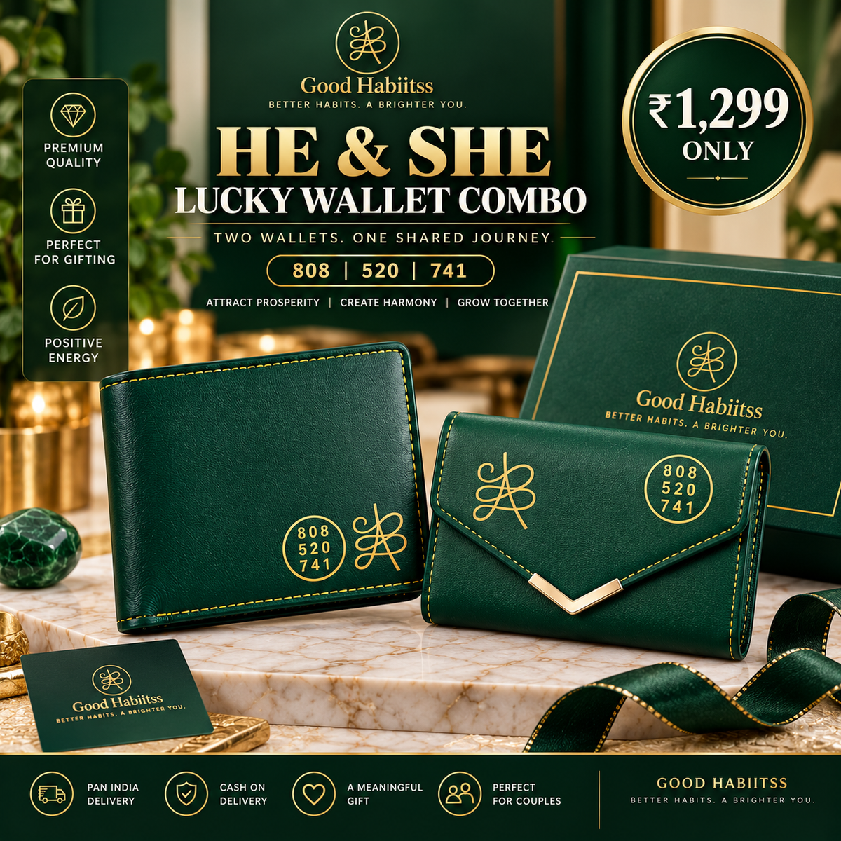 He & She Lucky Wallet Combo – His & Her Green Leather Wallets | Jibu Luck Numbers 808-520-741 | Green Aventurine | Couple Gift Set