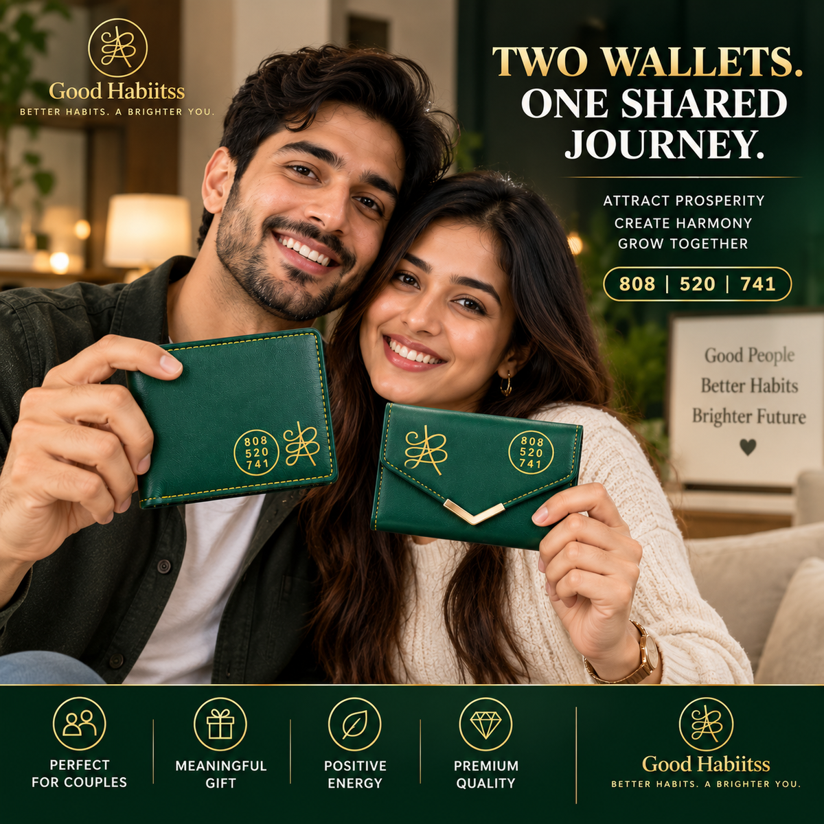He & She Lucky Wallet Combo – His & Her Green Leather Wallets | Jibu Luck Numbers 808-520-741 | Green Aventurine | Couple Gift Set