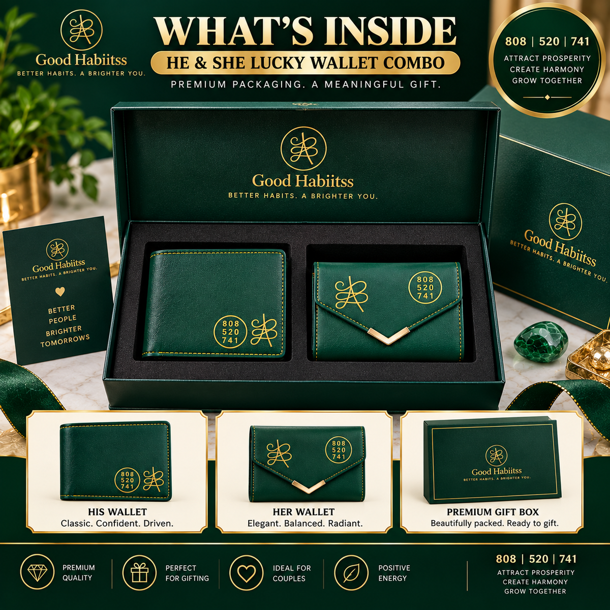 He & She Lucky Wallet Combo – His & Her Green Leather Wallets | Jibu Luck Numbers 808-520-741 | Green Aventurine | Couple Gift Set