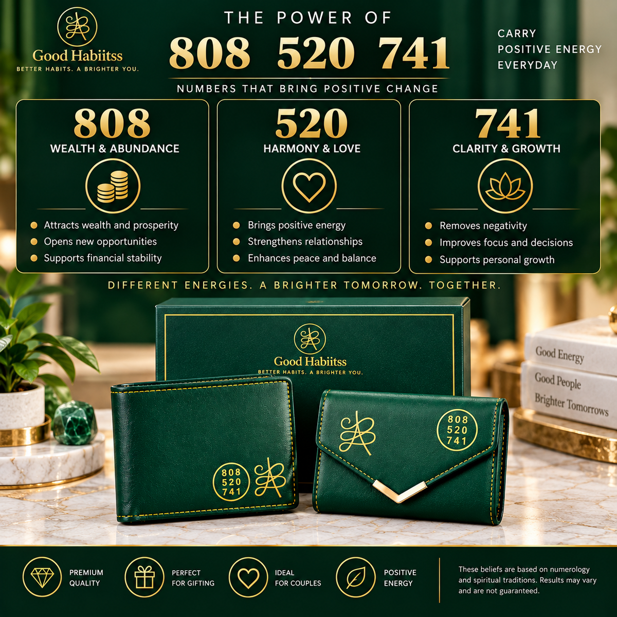 He & She Lucky Wallet Combo – His & Her Green Leather Wallets | Jibu Luck Numbers 808-520-741 | Green Aventurine | Couple Gift Set