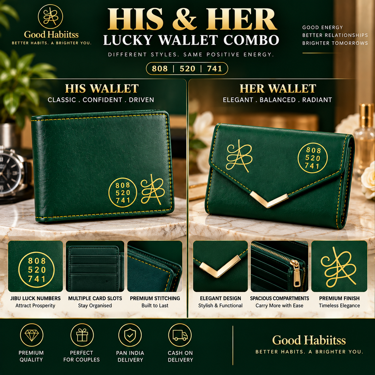 He & She Lucky Wallet Combo – His & Her Green Leather Wallets | Jibu Luck Numbers 808-520-741 | Green Aventurine | Couple Gift Set