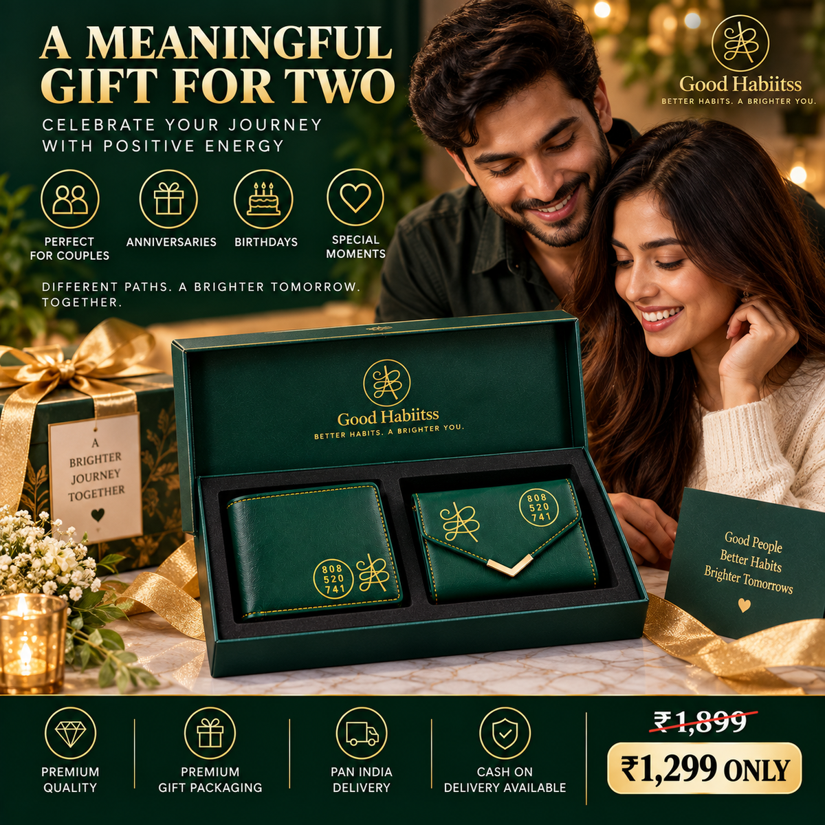 He & She Lucky Wallet Combo – His & Her Green Leather Wallets | Jibu Luck Numbers 808-520-741 | Green Aventurine | Couple Gift Set