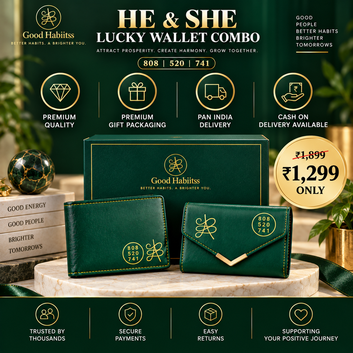 He & She Lucky Wallet Combo – His & Her Green Leather Wallets | Jibu Luck Numbers 808-520-741 | Green Aventurine | Couple Gift Set