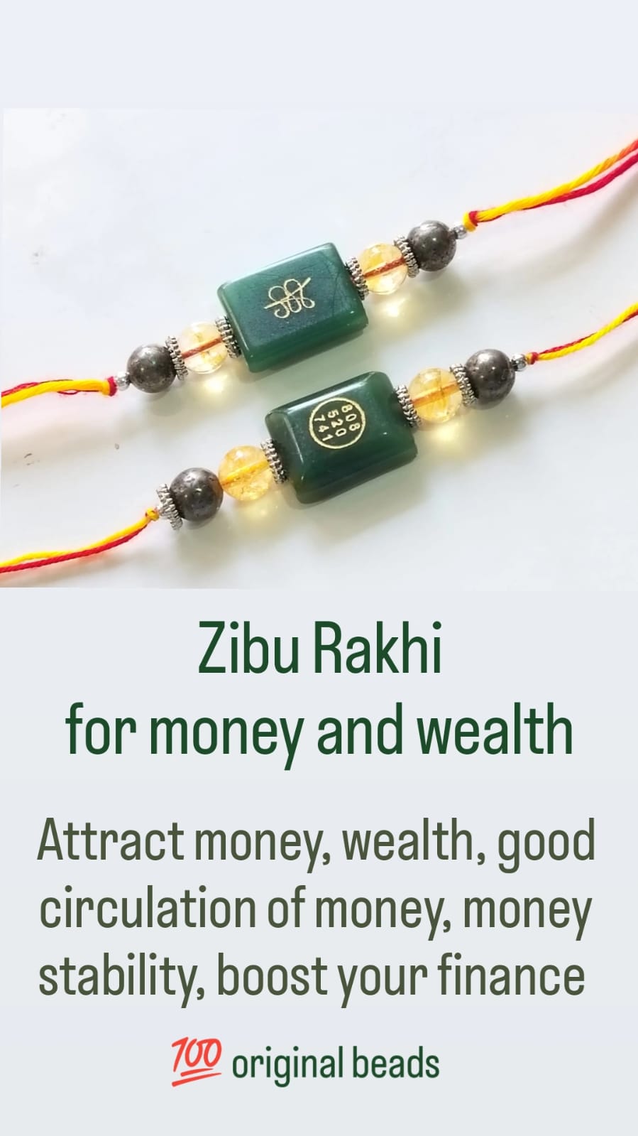 Crystal Green Jade Stone Money Switch Word Zibu Symbol Rakhi