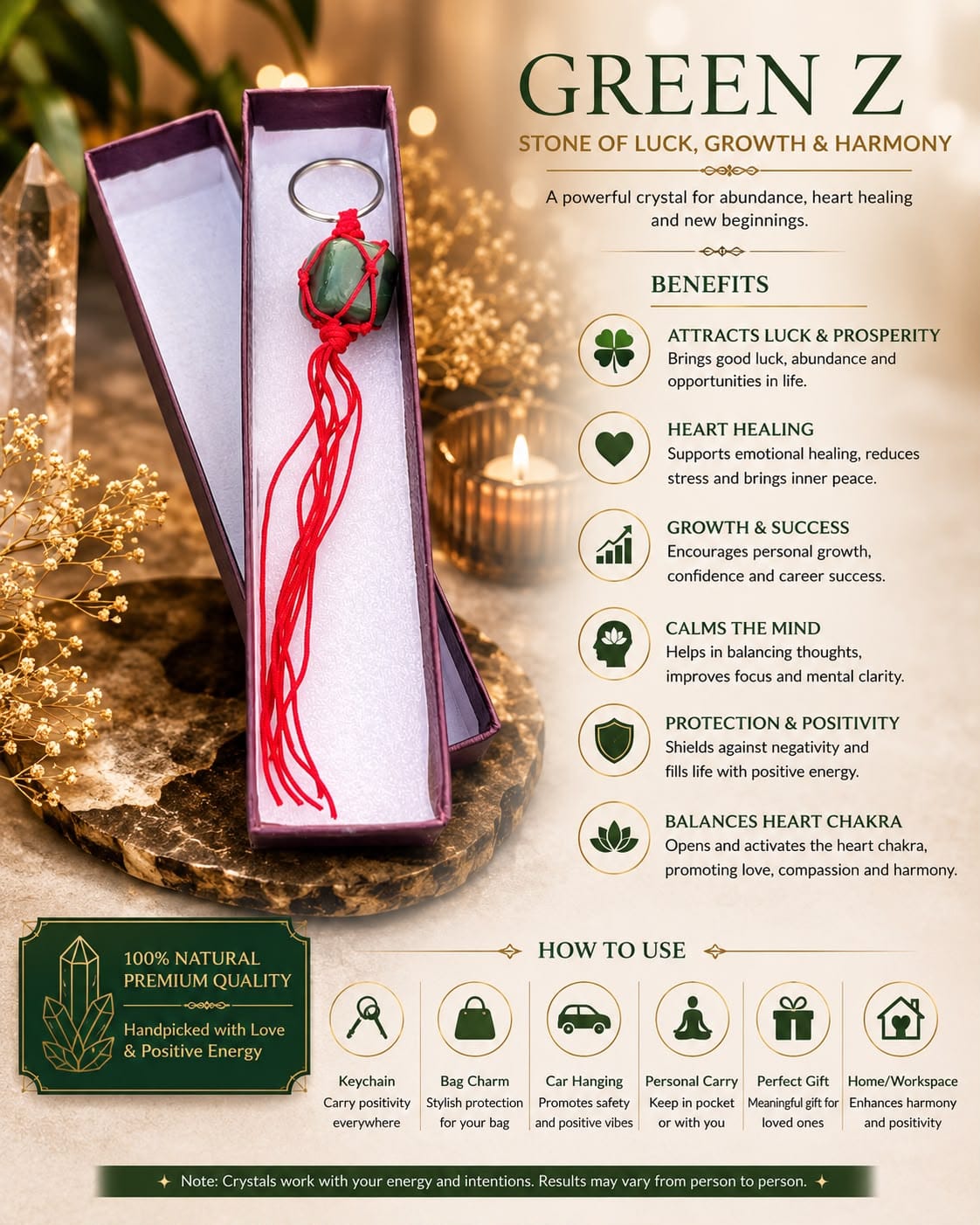 Green Z Crystal Keychain – Stone of Luck, Growth & Harmony in premium gift box