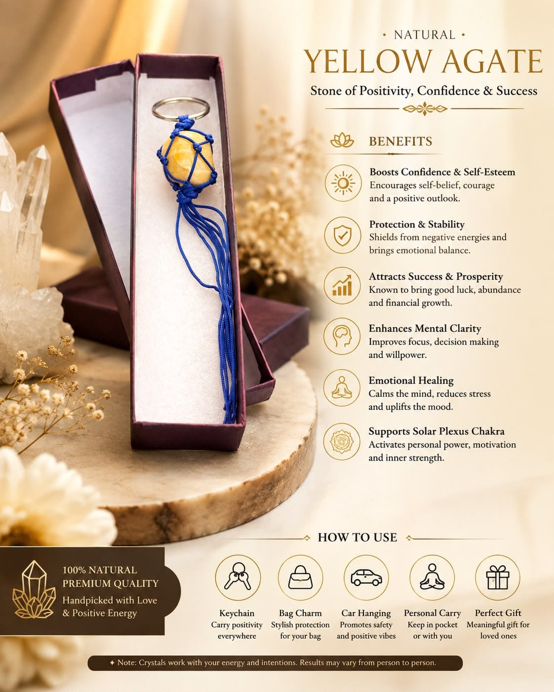 Natural Yellow Agate Crystal Keychain – Stone of Positivity, Confidence & Success in premium gift box