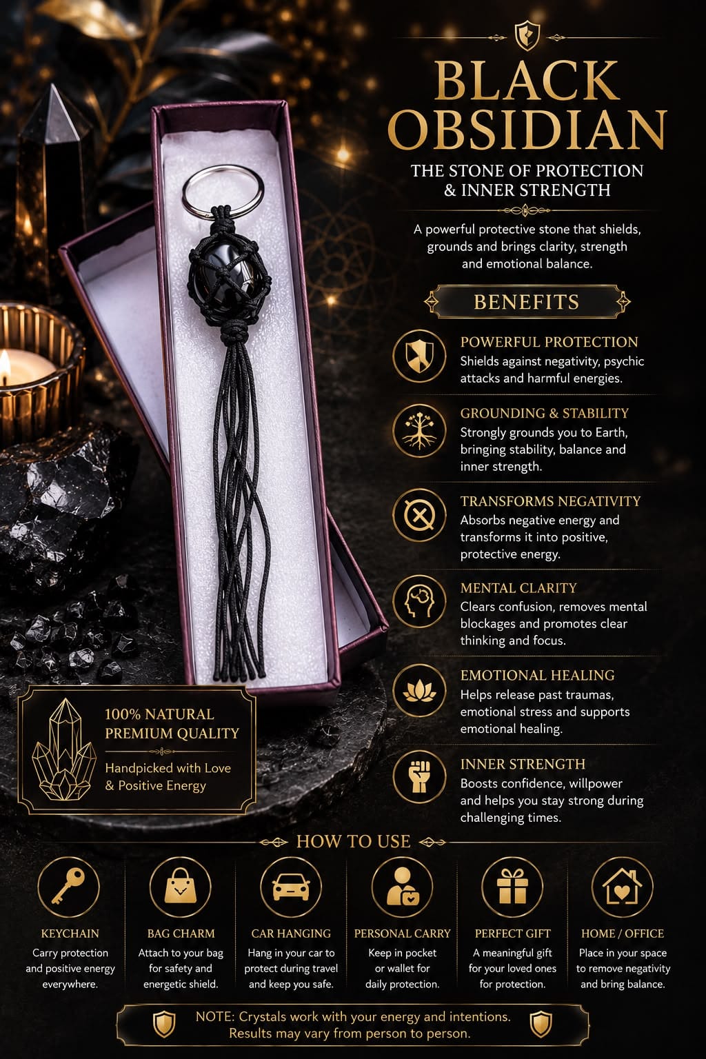 Black Obsidian Crystal Keychain – Stone of Protection & Inner Strength in premium gift box