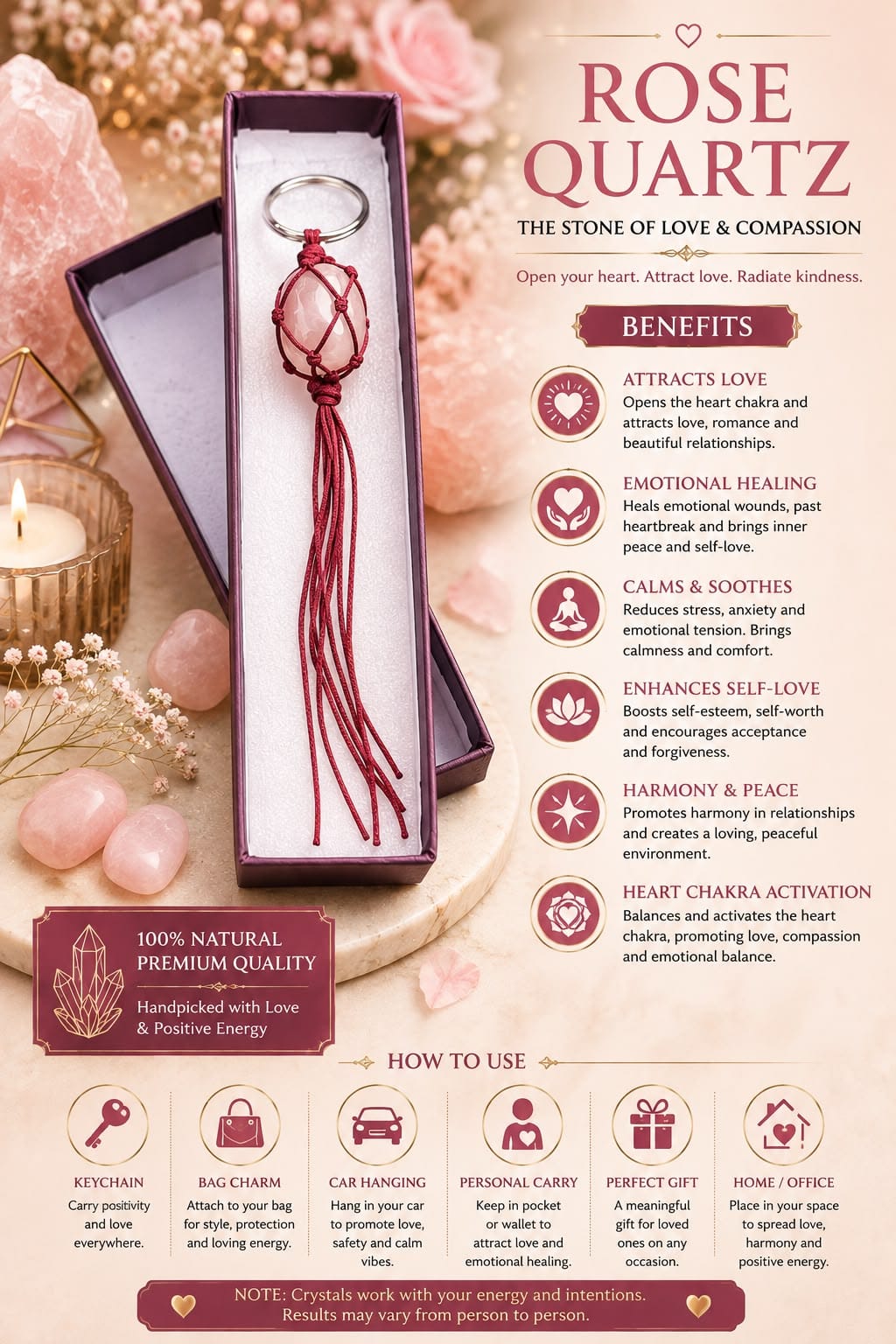 Rose Quartz Crystal Keychain – Stone of Love & Compassion in premium gift box