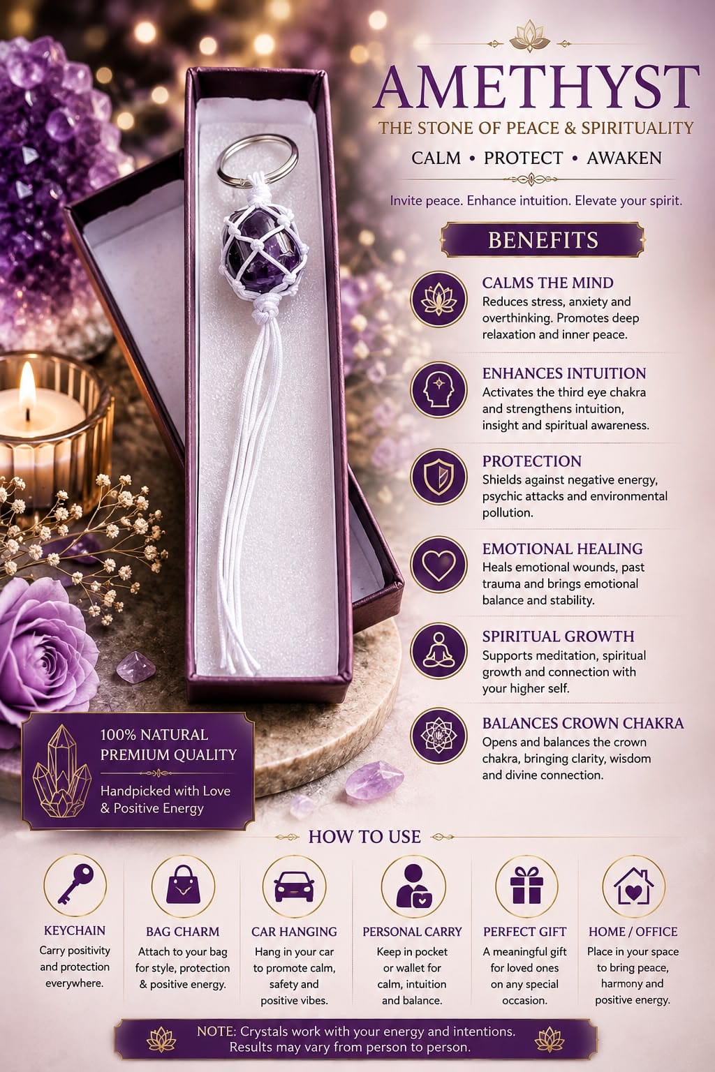 Amethyst Crystal Keychain – Stone of Peace & Spirituality in premium gift box