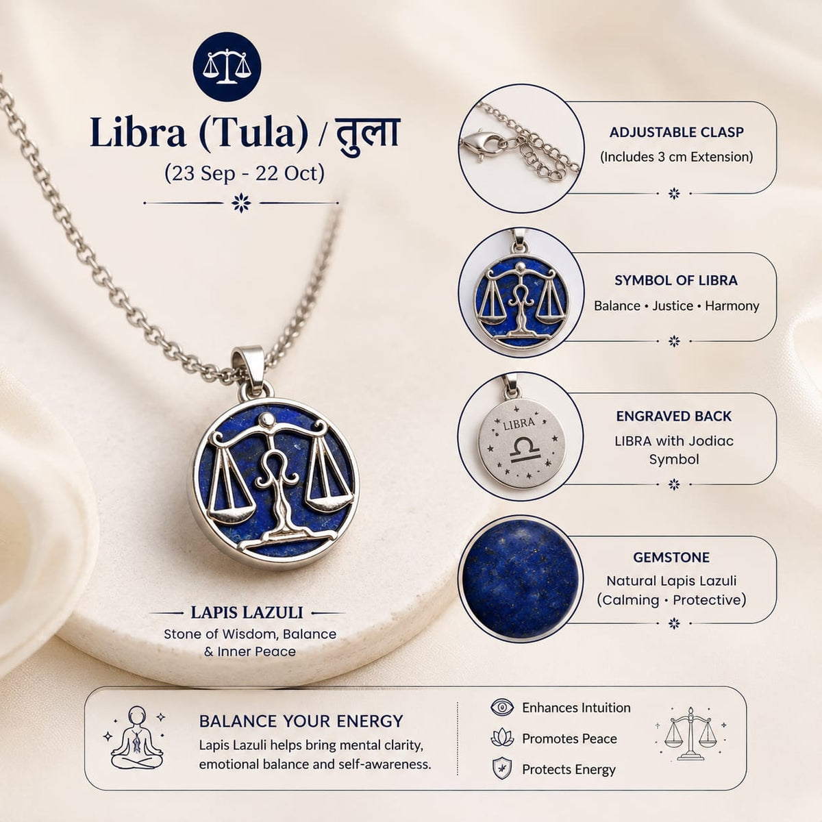 Libra Tula Pendant Lapis Lazuli zodiac necklace product infographic with benefits