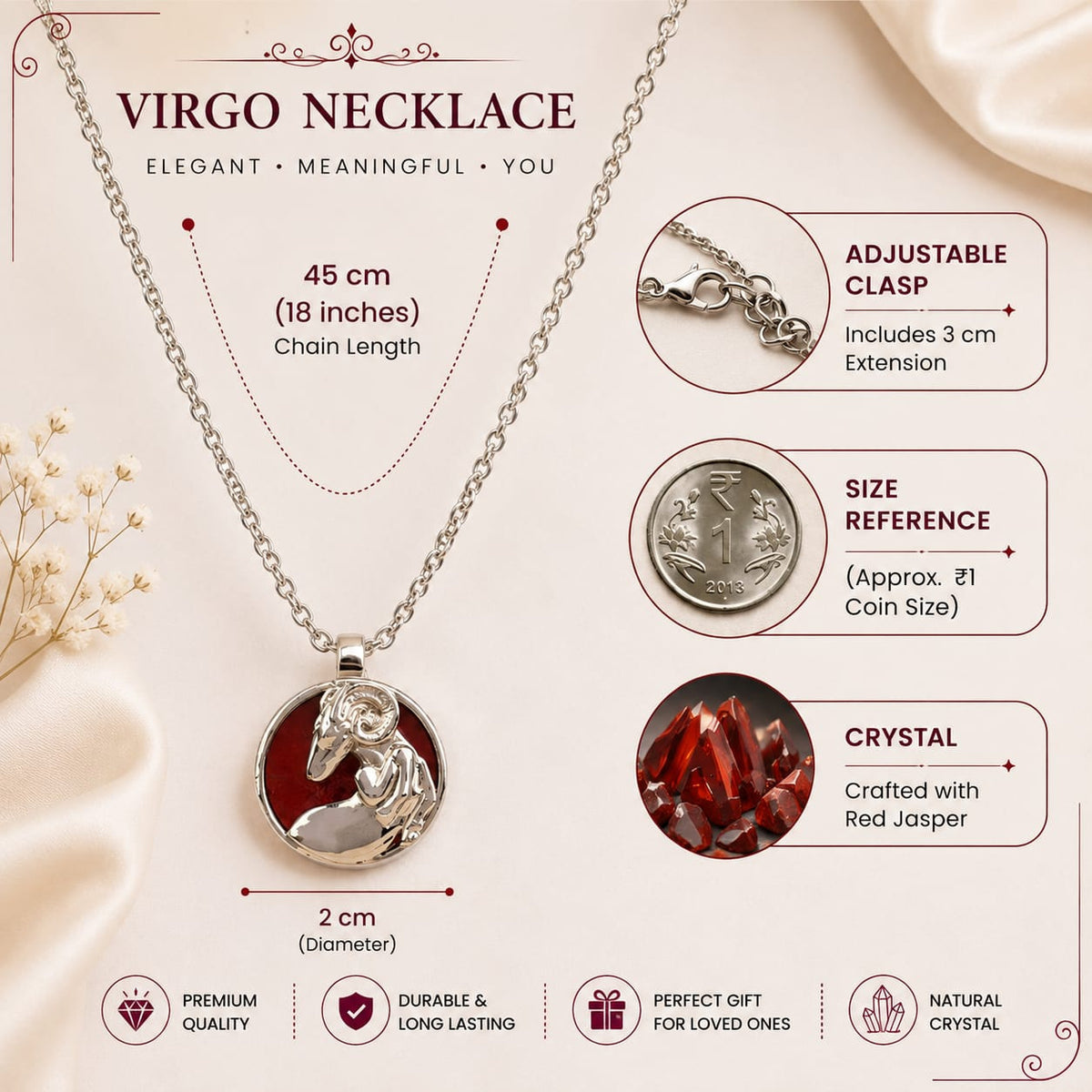 Virgo Necklace - Red Jasper Crystal, 45cm chain by Good Habiitss