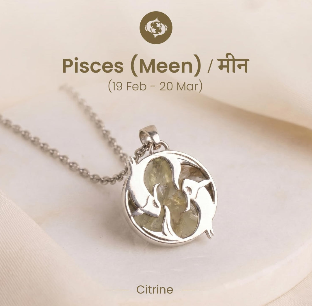 Pisces Meen Zodiac Pendant with Citrine crystal and silver twin fish by Good Habiitss