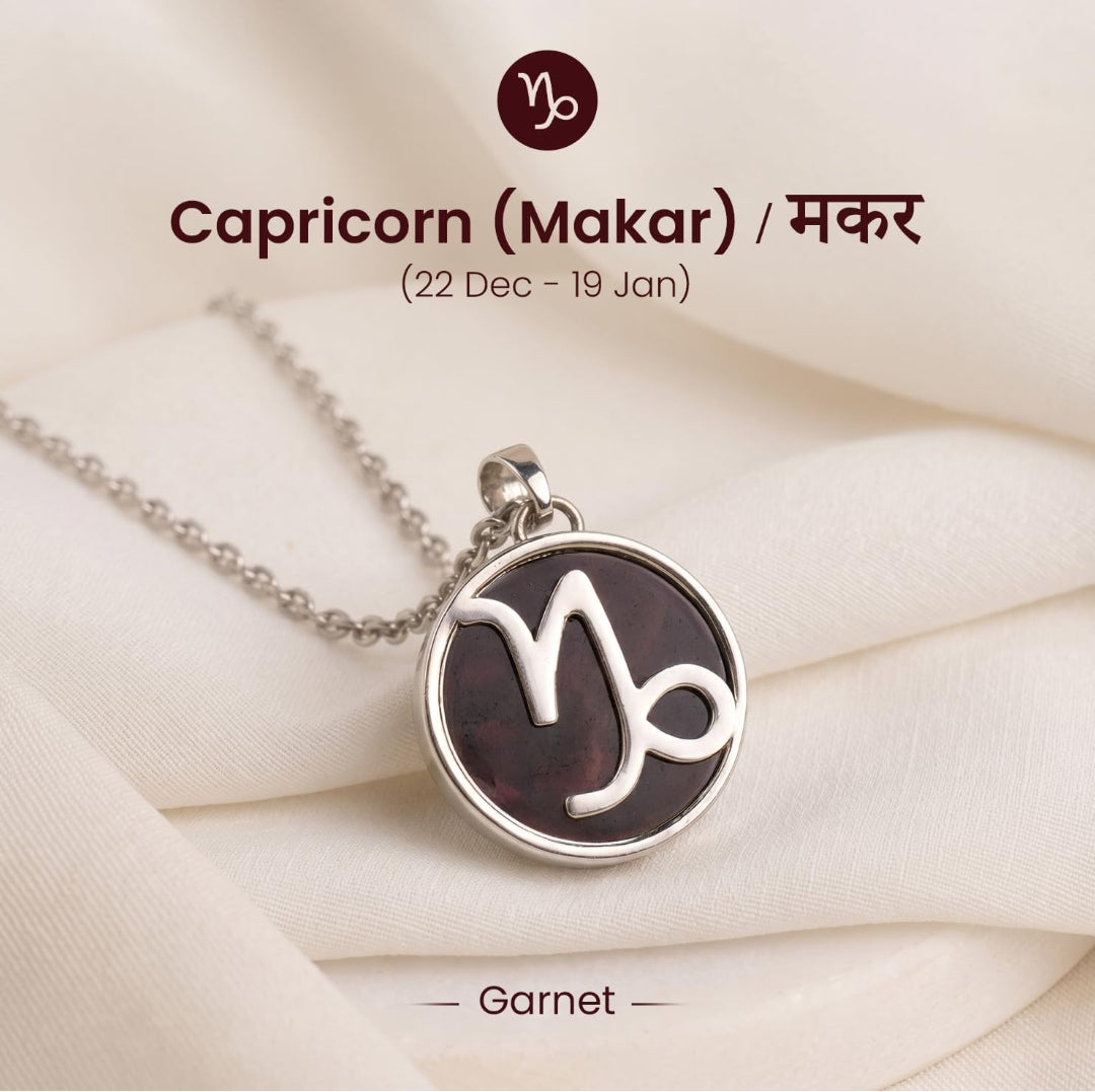 Capricorn Makar Zodiac Pendant with Garnet crystal by Good Habiitss