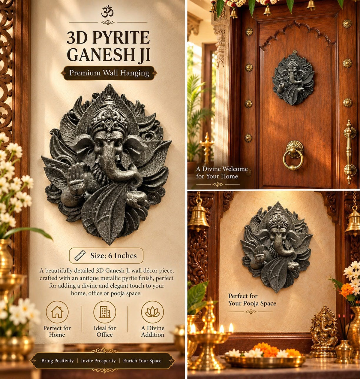 3D Pyrite Ganesh Ji Premium Wall Hanging – Antique metallic finish, 6 inch sculptural décor for home, office and pooja room