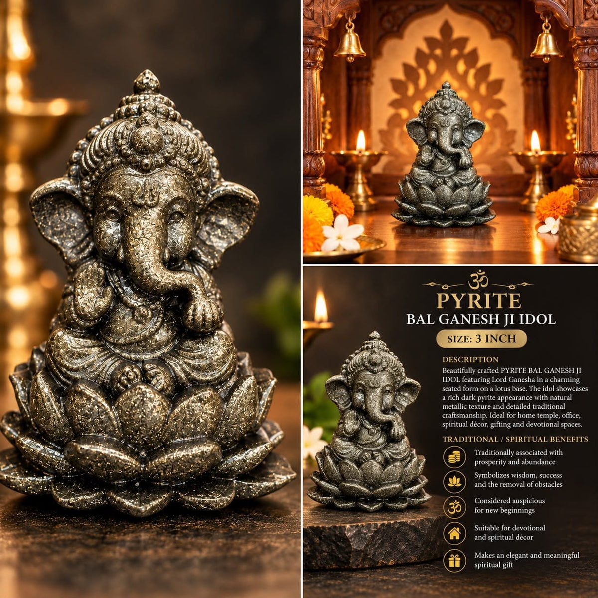 Pyrite Bal Ganesh Ji idol, 3 inches, with detailed metallic finish