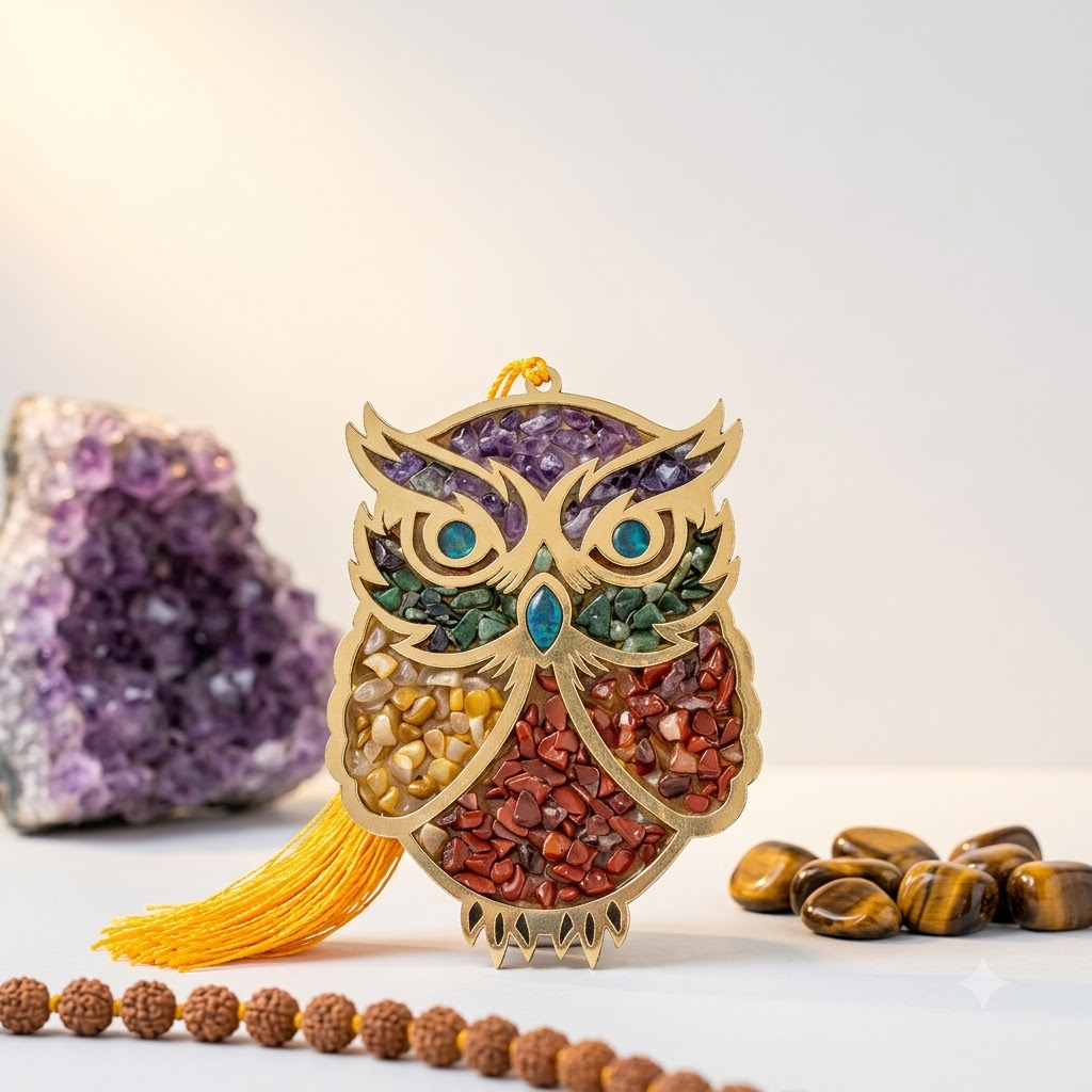 Crystal Owl Wall Hanger – Mixed Healing Crystal Chips in Wooden Laser-Cut Owl | Wisdom • Protection • Positive Energy
