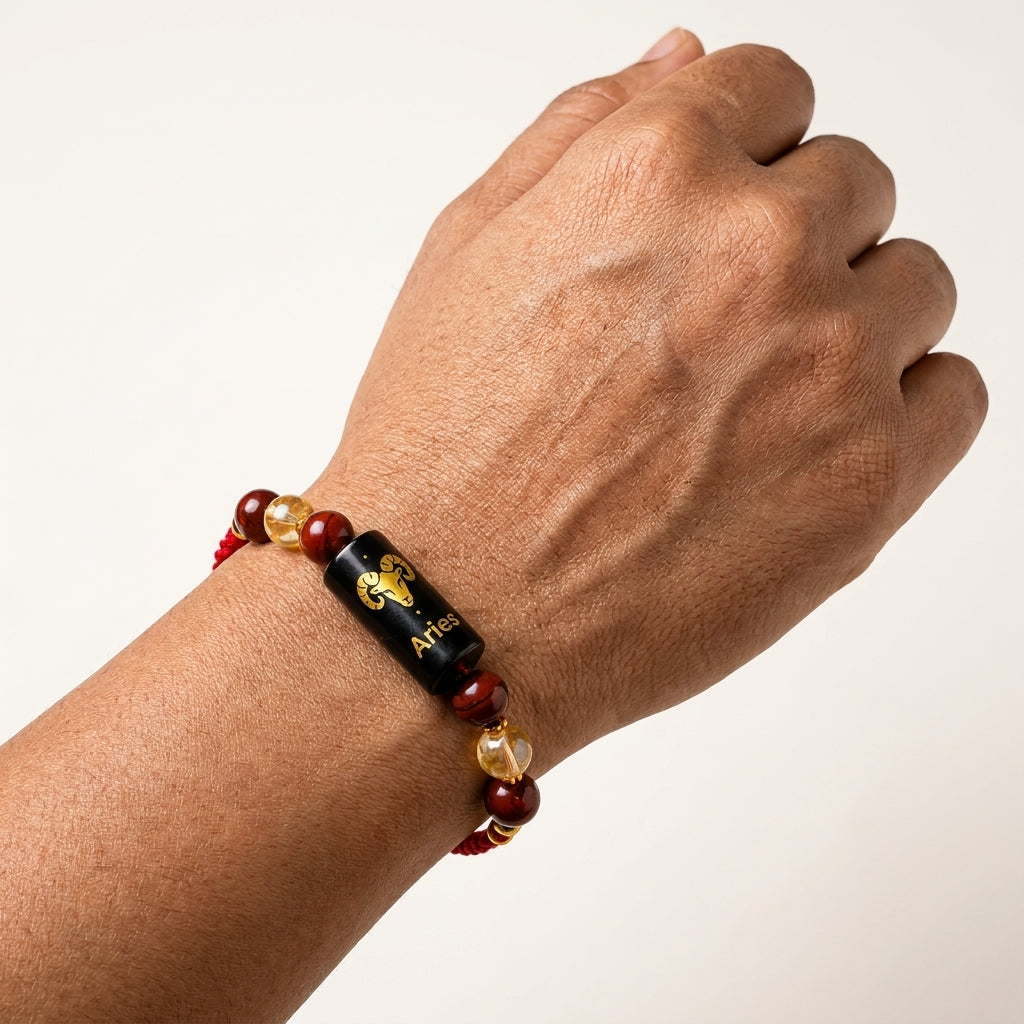 Aries Zodiac Rakhi (Mesh Rashi) with Red Jasper Crystal