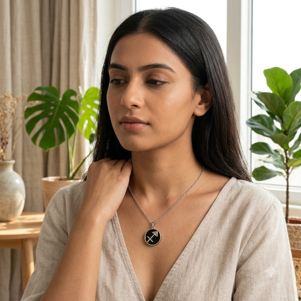 Sagittarius (Dhanu) Zodiac Pendant | Black Obsidian Crystal | Dhanu Rashi Necklace