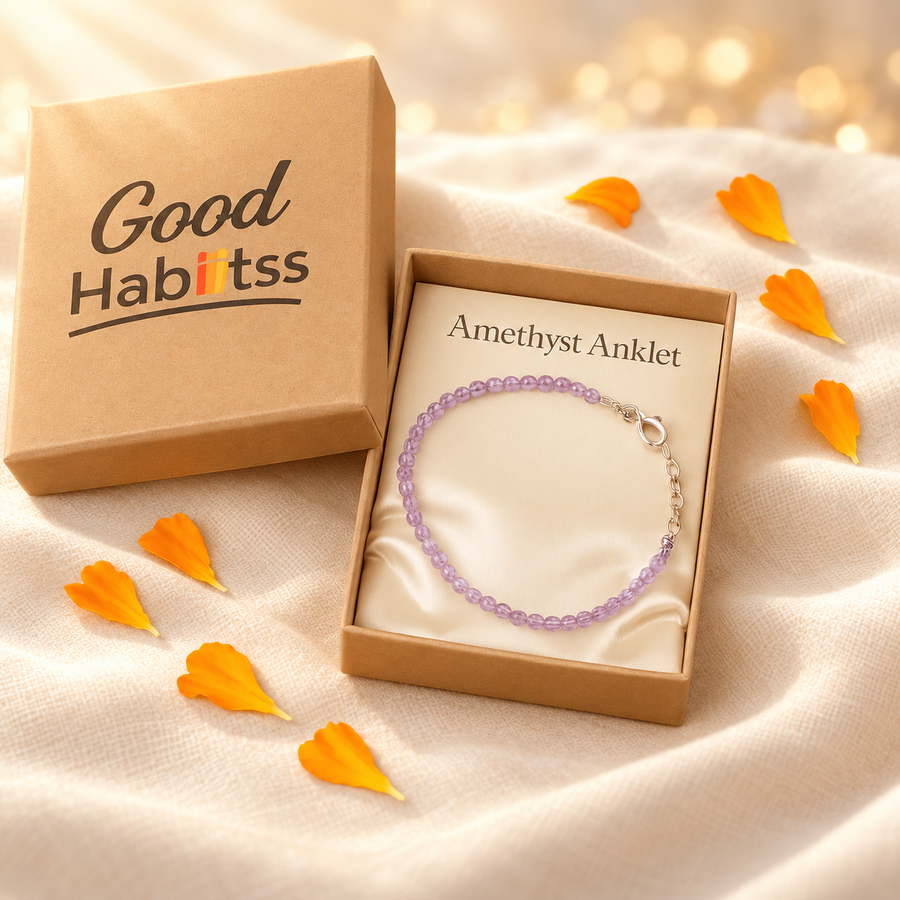 Amethyst Anklet – Natural Gemstone Jewellery on warm cream background